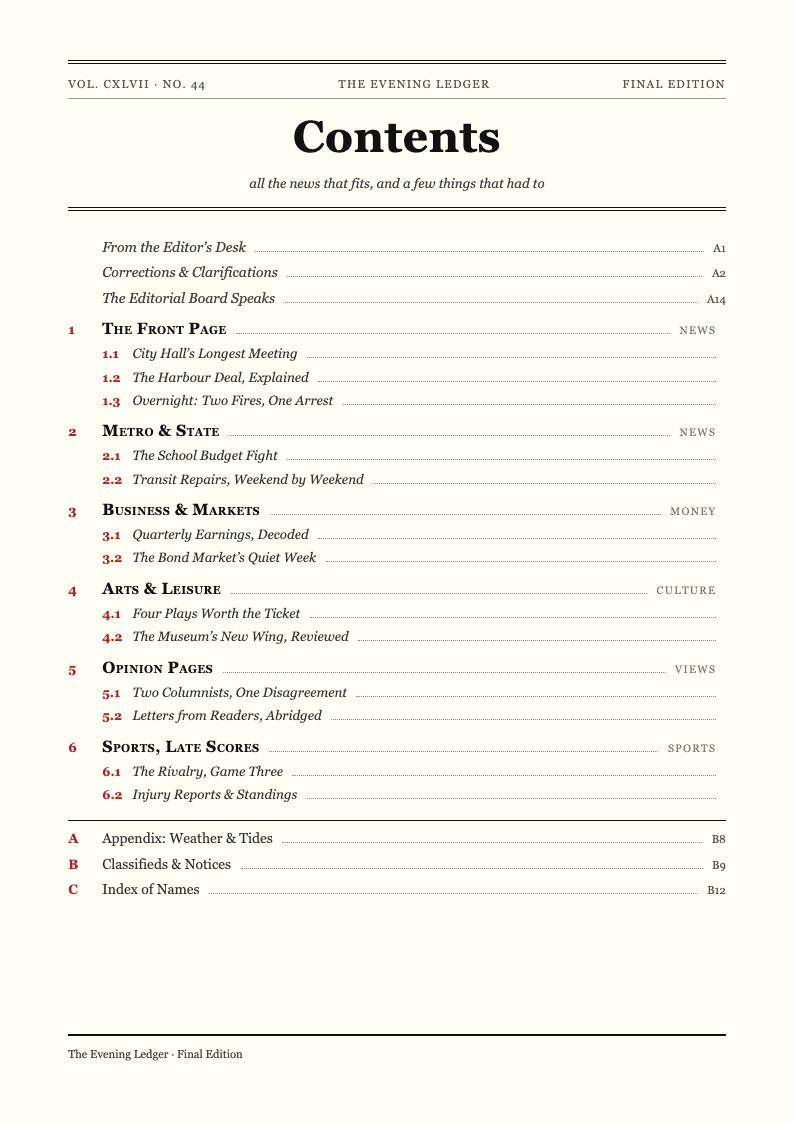 New york editorial table of contents